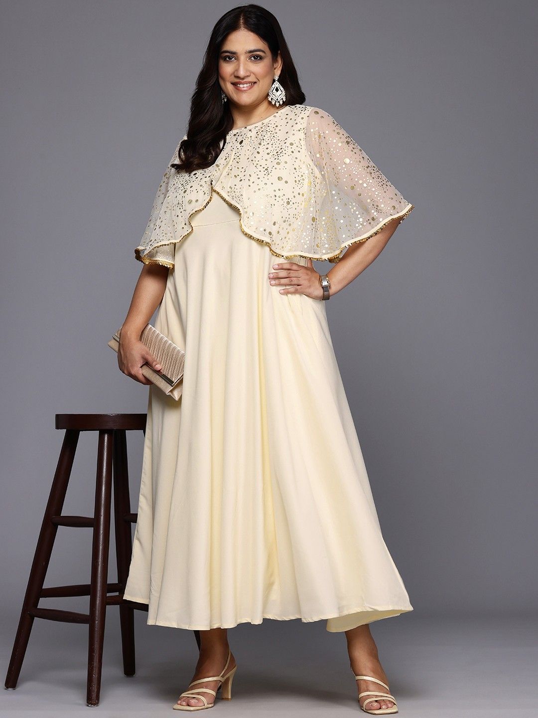 A PLUS BY AHALYAA Plus Size Polka Dots Printed Cape Sleeves Maxi Ethnic Gown Myntra sale