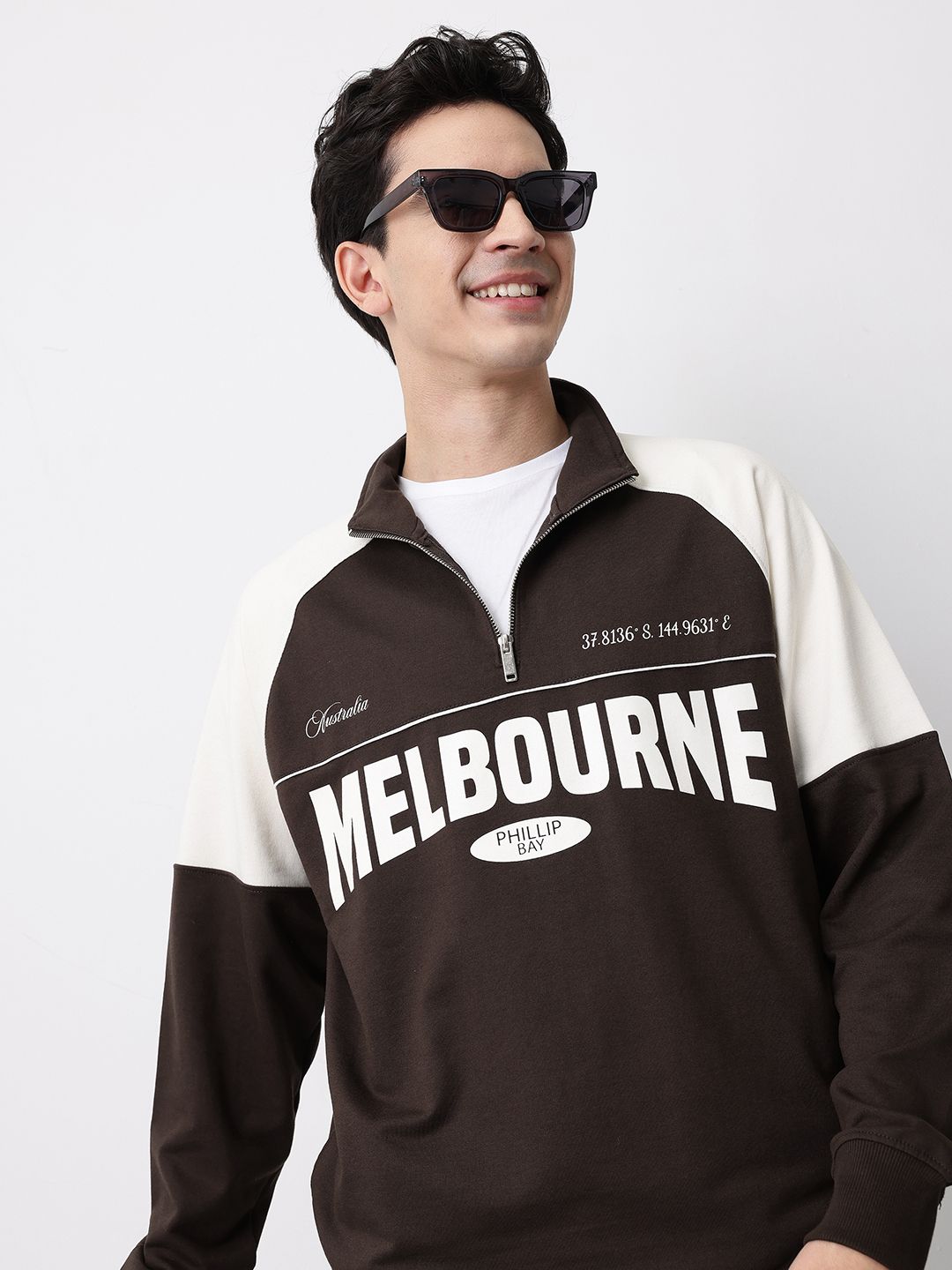 Mast & Harbour Typography Printed Mock Collar Raglan Sleeves Pullover Sweatshirt Myntra sale