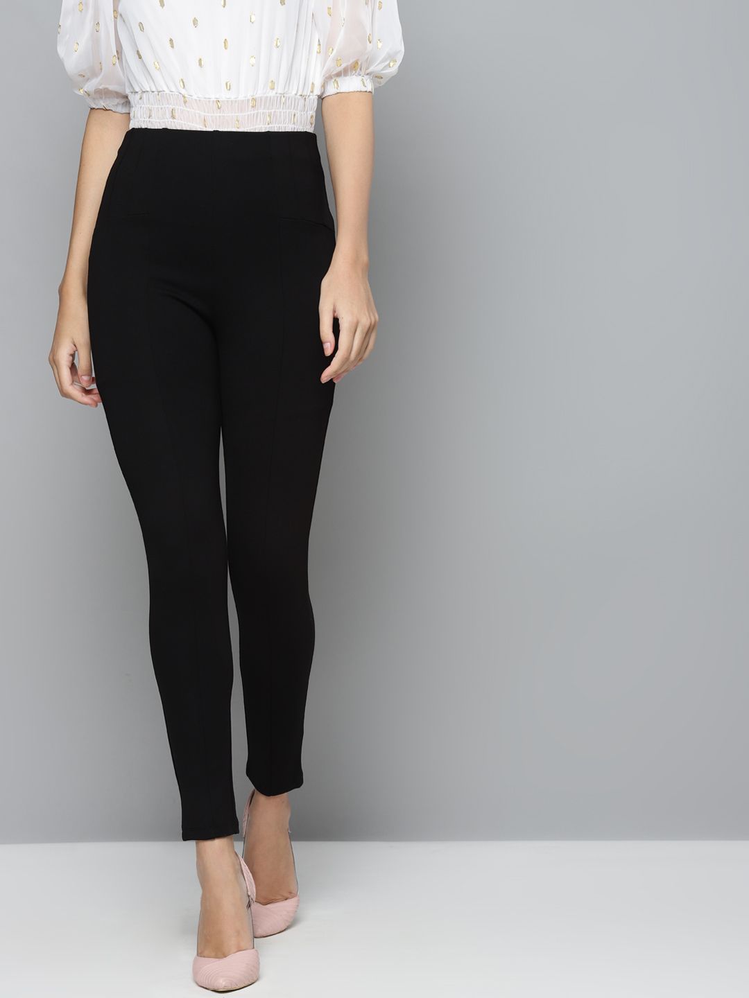 SASSAFRAS Women Black Solid High-Waist Treggings Myntra sale