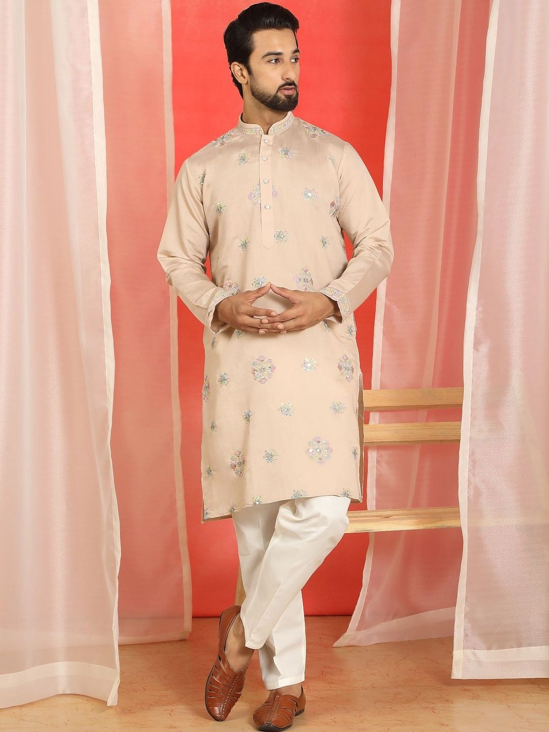 KRAFT INDIA Men Floral Embroidered Regular Sequinned Kurta with Pyjamas Myntra sale