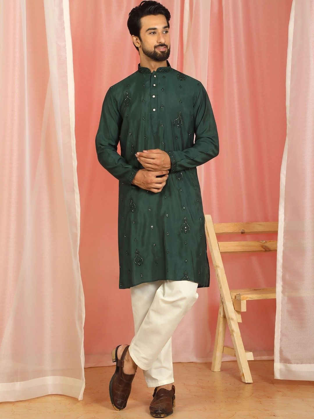 KRAFT INDIA Men Ethnic Motifs Regular Sequinned Kurta with Pyjamas Myntra sale