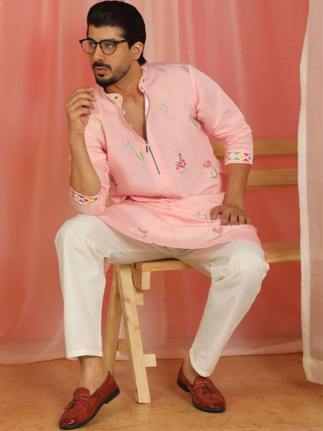 KRAFT INDIA Floral Embroidered Thread Work Kurta with Trousers Myntra sale