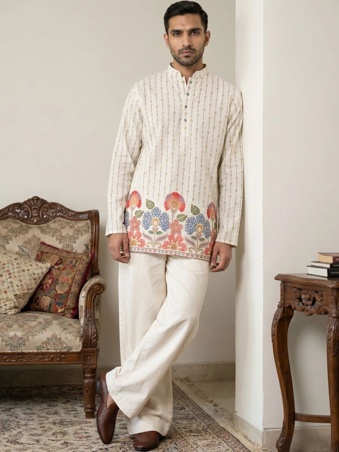 Jompers Men's Floral Printed Short Kurta with Korean Pants Myntra sale