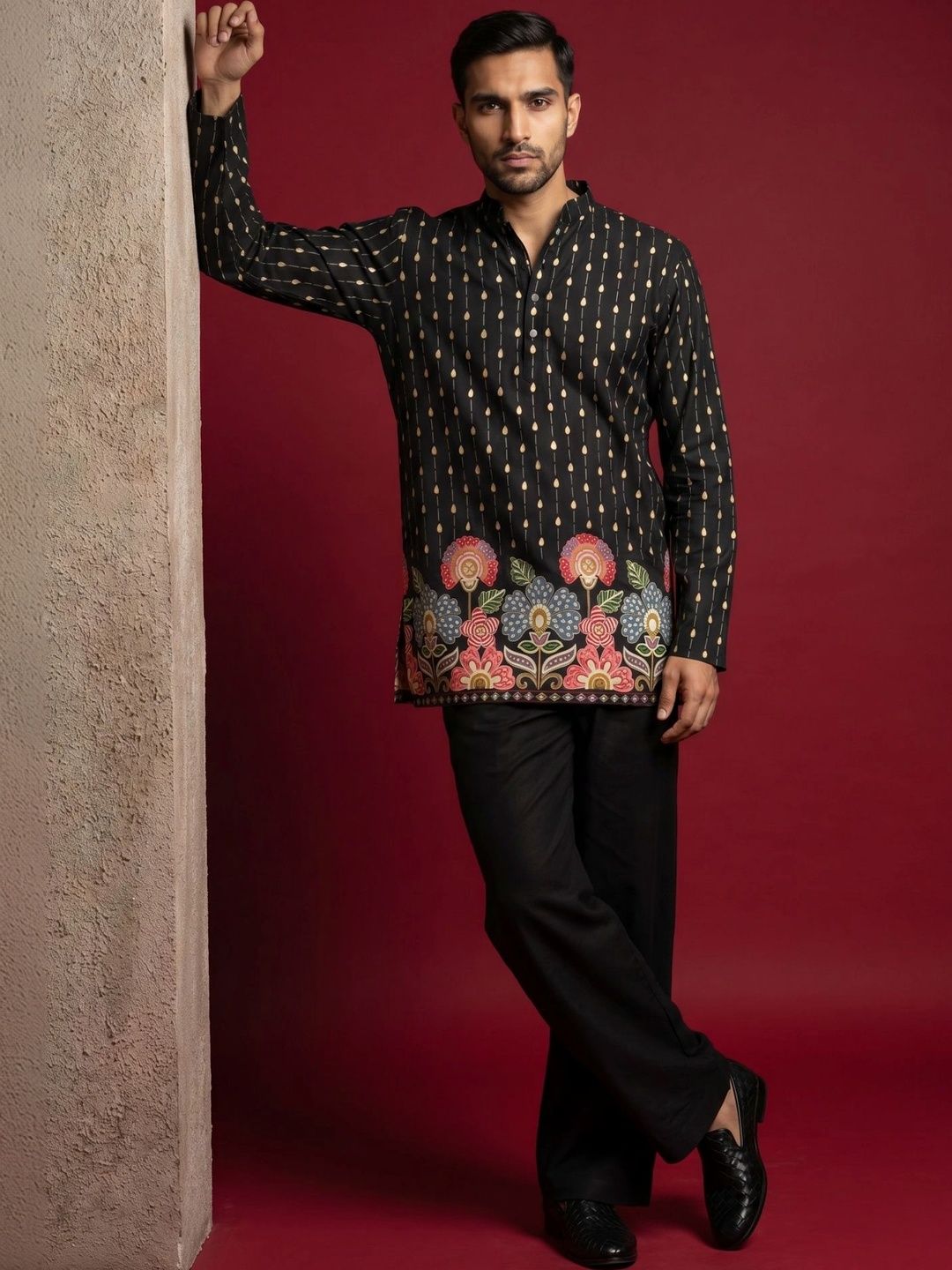 Jompers Men's Floral Printed short Kurta with Korean Pants Myntra sale