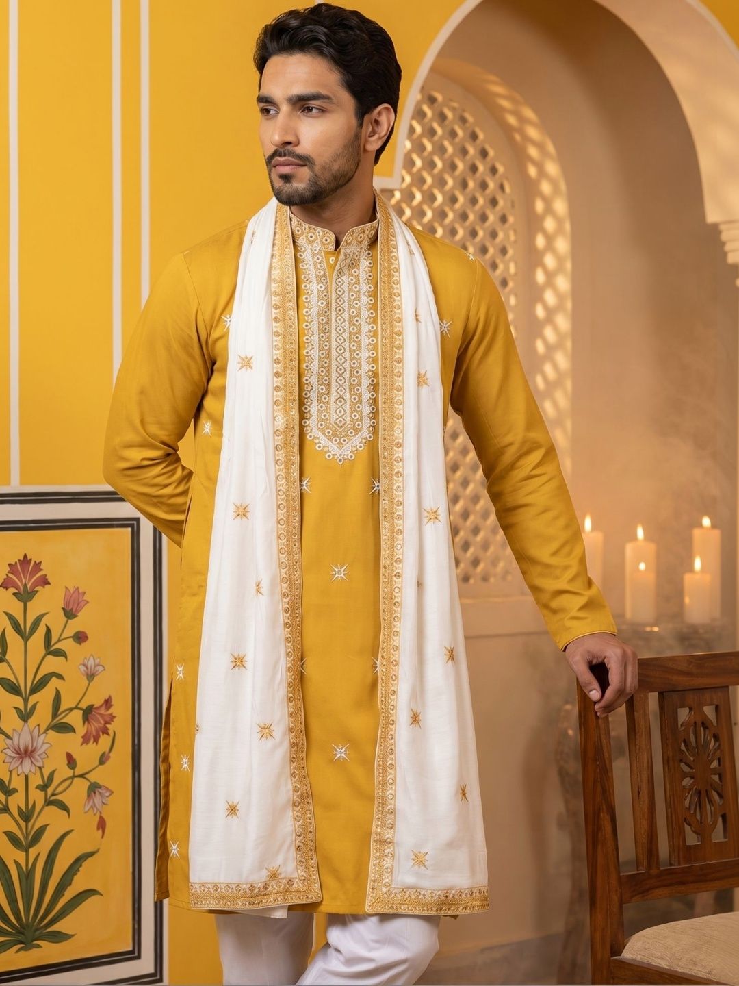Jompers Men Ethnic Motifs Embroidered Regular Mirror Work Kurta with Pyjamas & With Dupatta Myntra sale