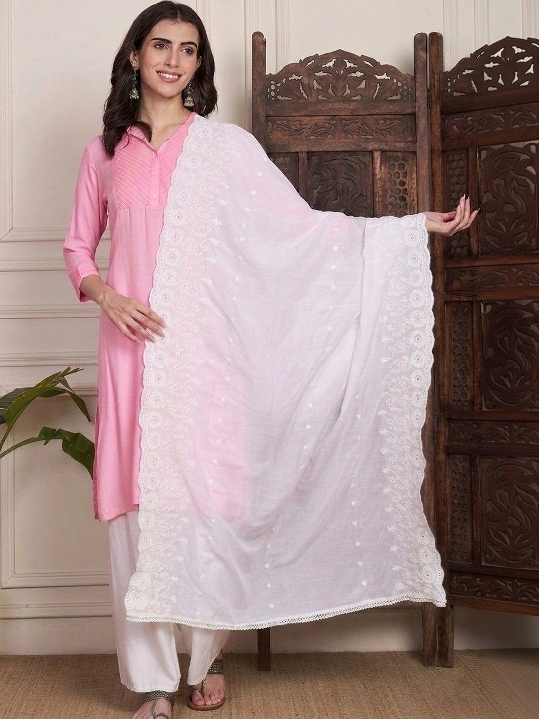 Sangria Sangria Ethnic Motifs Embroidered Pure Cotton Dupatta with Chikankari Myntra sale