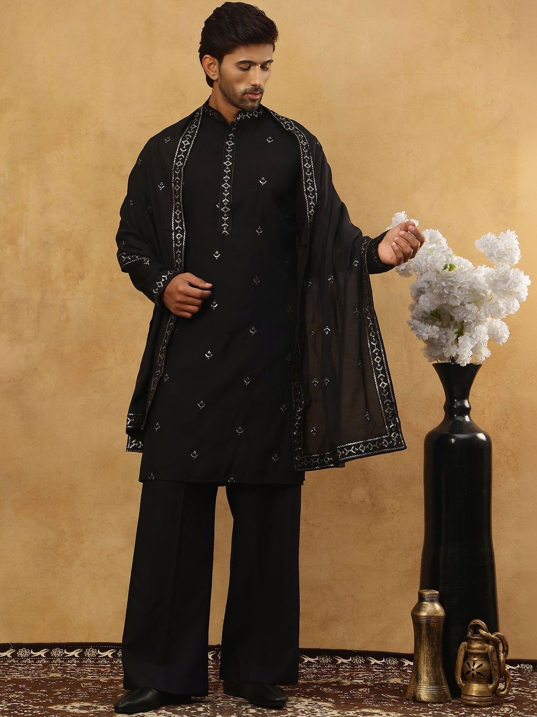 Jompers Floral Embroidered Sequinned Kurta With Korean Pants & Dupatta Myntra sale