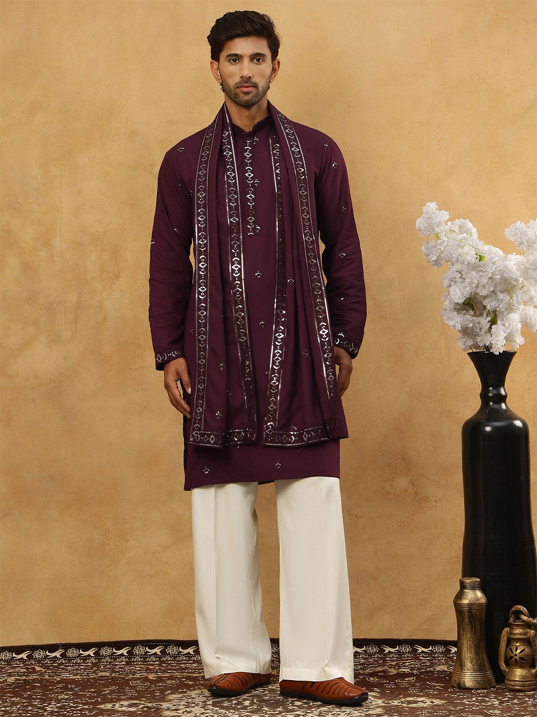 Jompers Floral Embroidered Regular Sequinned Kurta With Korean Pants & Dupatta Myntra sale