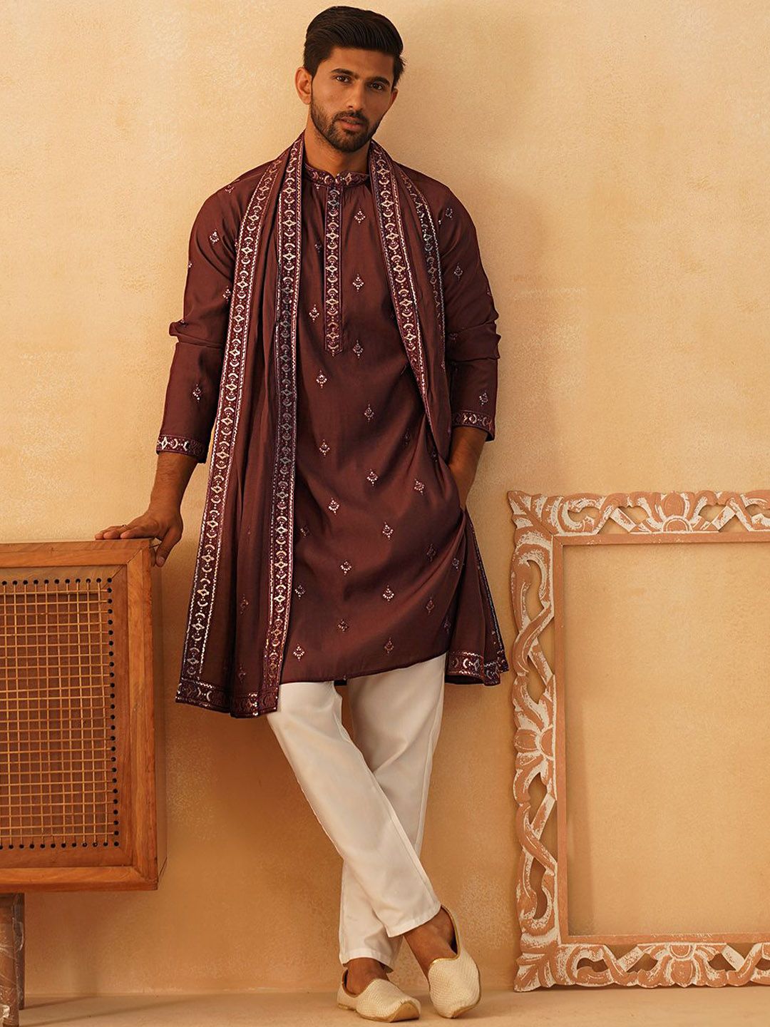 Jompers Floral Embroidered Sequinned Straight Kurta With Trousers & Dupatta Myntra sale