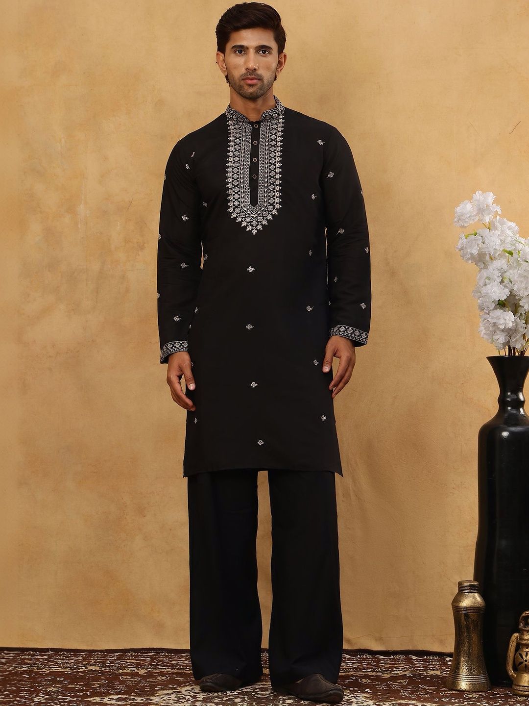 Jompers Floral Embroidered Thread Work Kurta With Korean Pants Myntra sale