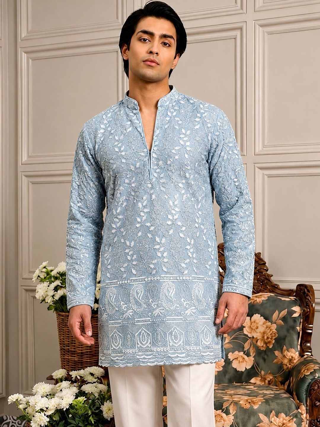 House of Pataudi Men Ethnic Motifs Embroidered Regular Chikankari Kurta with Trousers Myntra sale