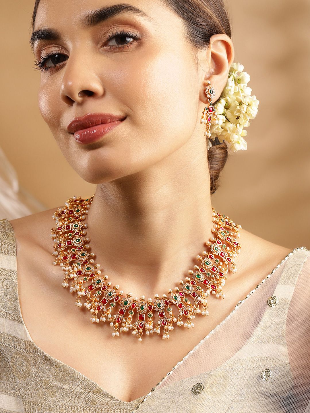 Rubans 24K Gold Plated Handcrafted Ruby & Emerald Studded & Pearl Beaded Jewellery Set Myntra sale