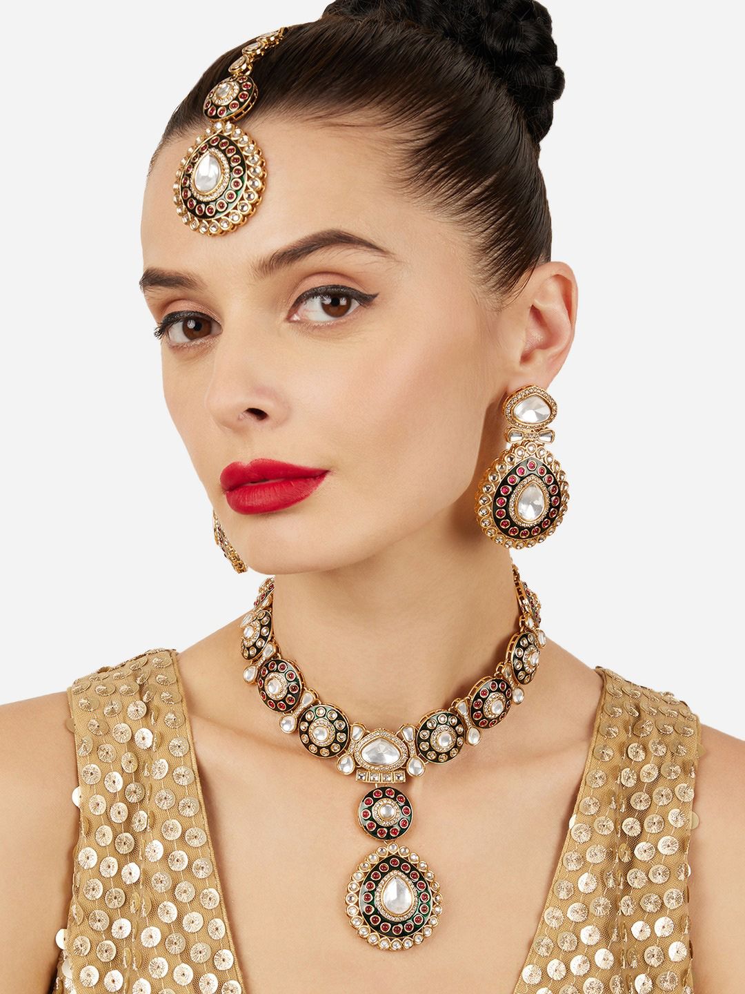 Zaveri Pearls Gold-Plated Meenakari Artificial Stones Studded Necklace & Earrings Myntra sale