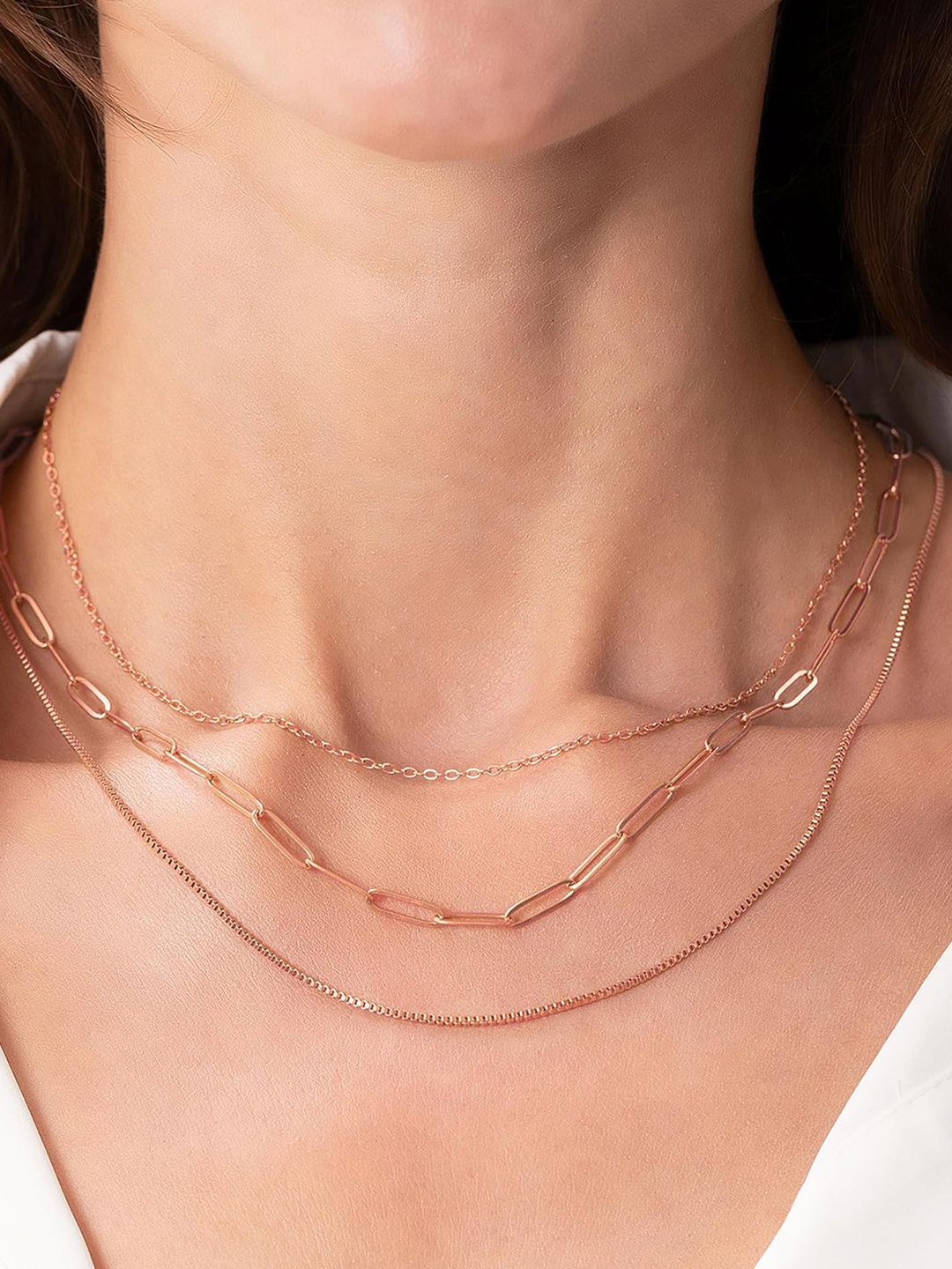 VAMA Women Set of 3 14K Rose Gold Stainless Steel Cable Paper Box Neck Necklace Chains Myntra sale