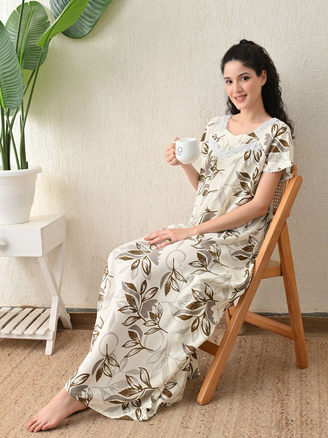 Ichaa Women Tropical Printed Round Neck Maxi Nightdress Myntra sale