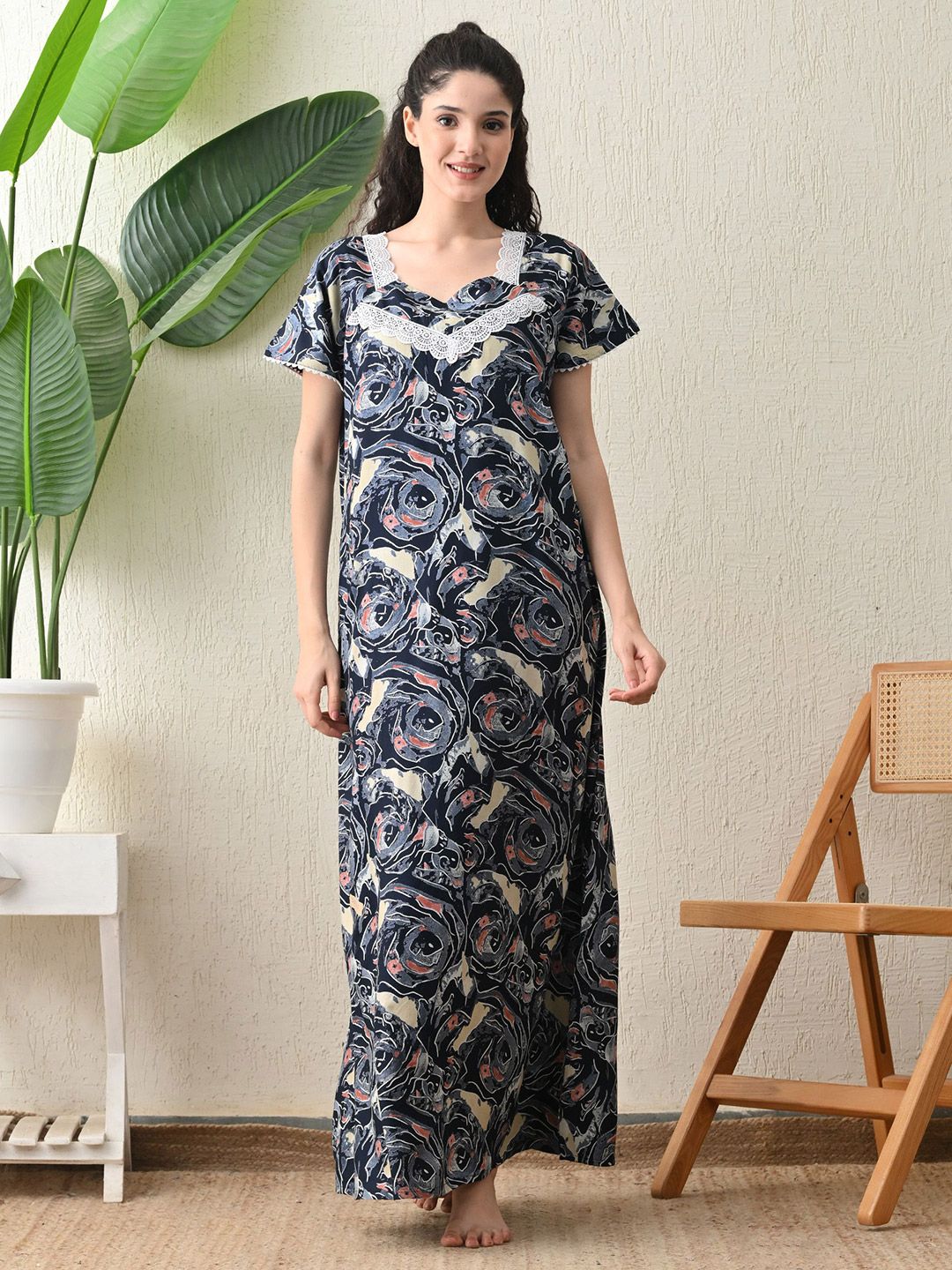 Ichaa Women Printed Maxi Nightdress Myntra sale