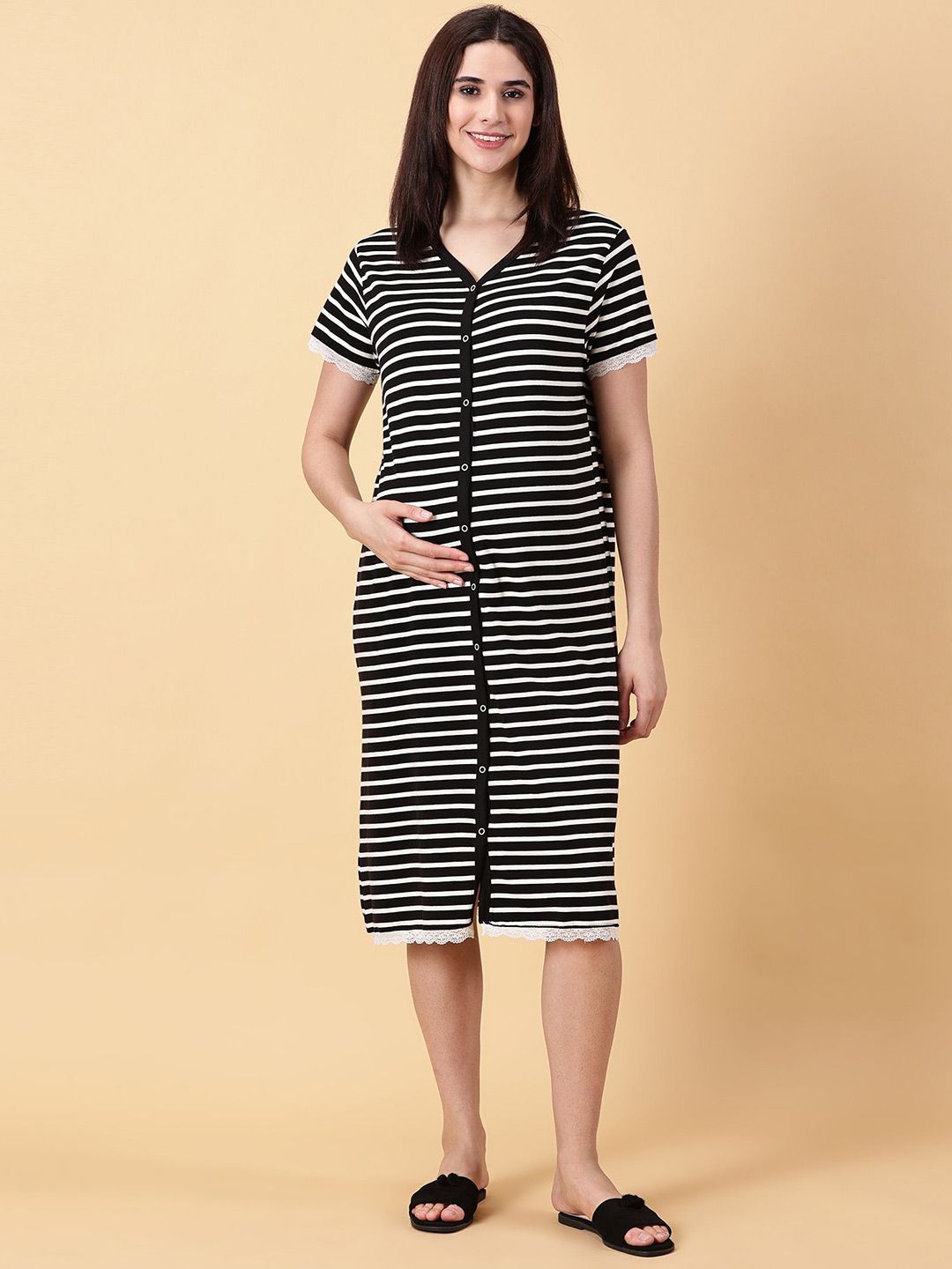PURPLE FLAUNT V-Neck Short Sleeves Striped Pure Cotton Maternity Nightdress Myntra sale