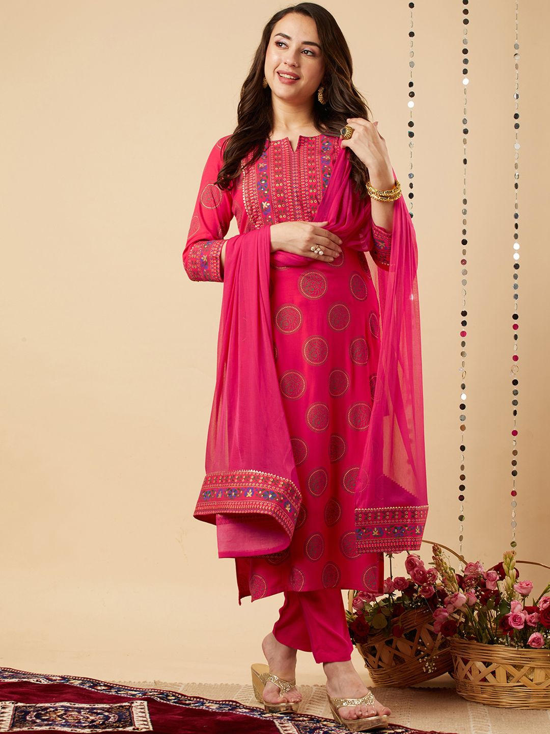GoSriKi Ethnic Motifs Yoke Design Gotta Patti Kurta With Trousers & Dupatta Myntra sale