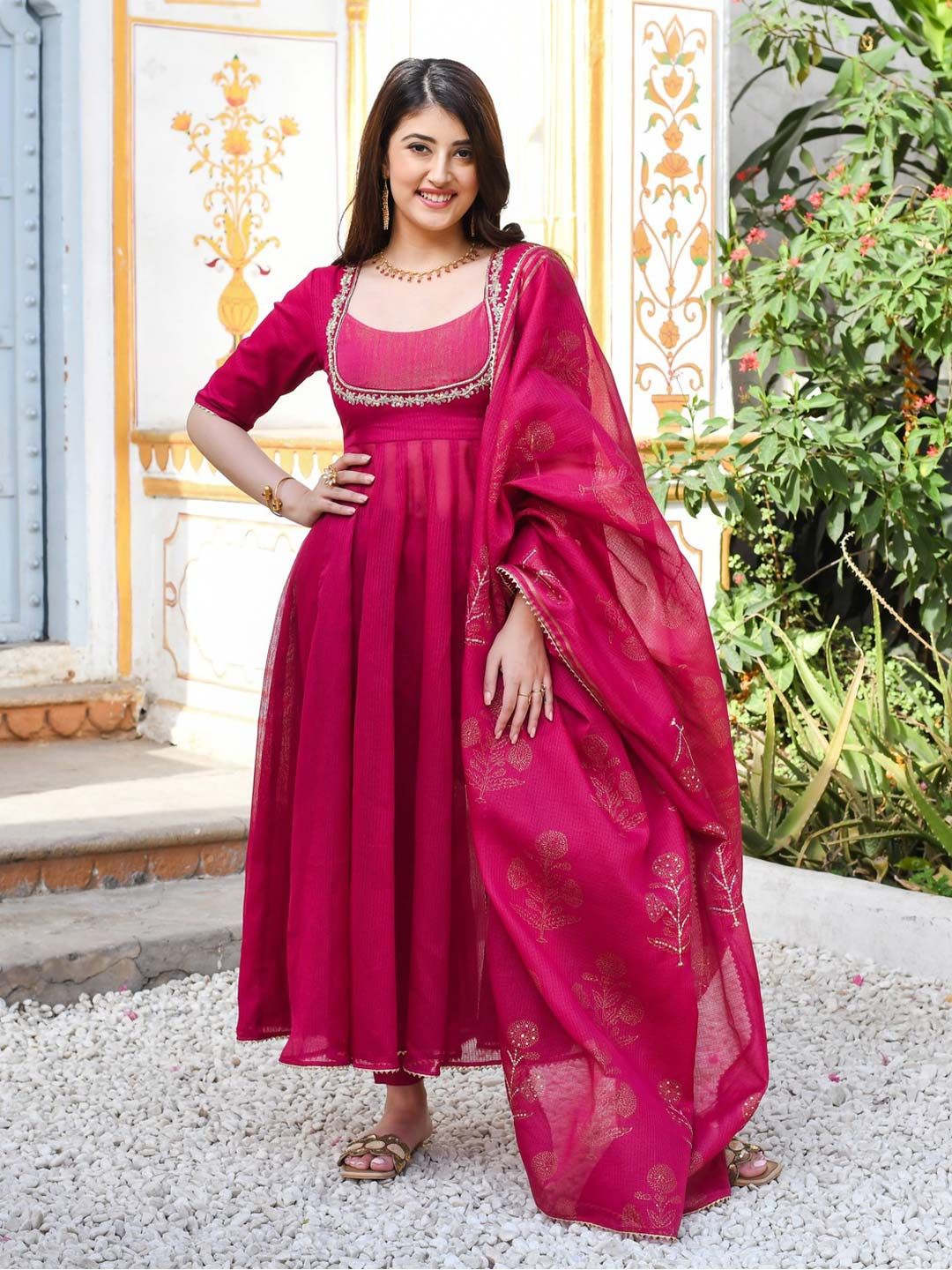 GoSriKi Thread Work Anarkali Kurta With Trouser & Dupatta Myntra sale