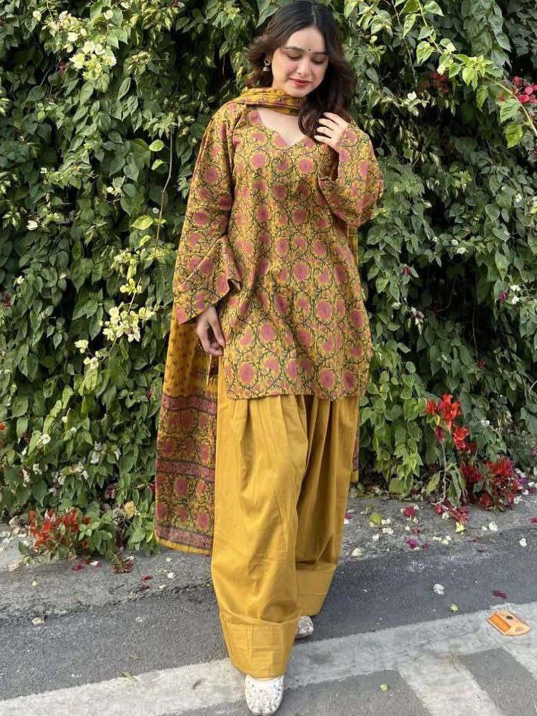 GoSriKi Women's Mustard Cotton Blend Printed Short Kurta With Farshi Salwar & Dupatta Sets Myntra sale