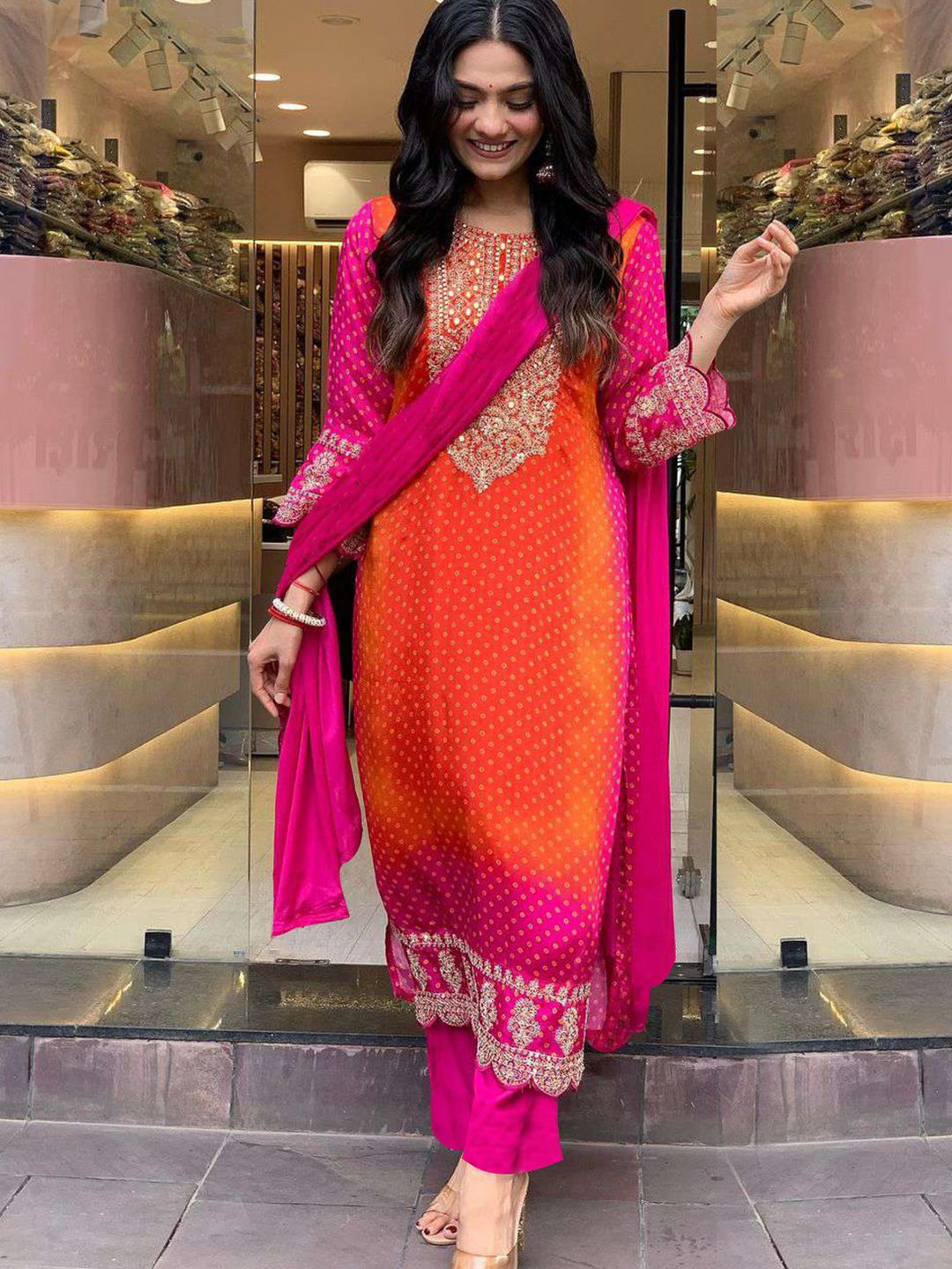 GoSriKi Bandhani Printed Sequinned Embroidery Work Kurta with Trousers & Dupatta Myntra sale