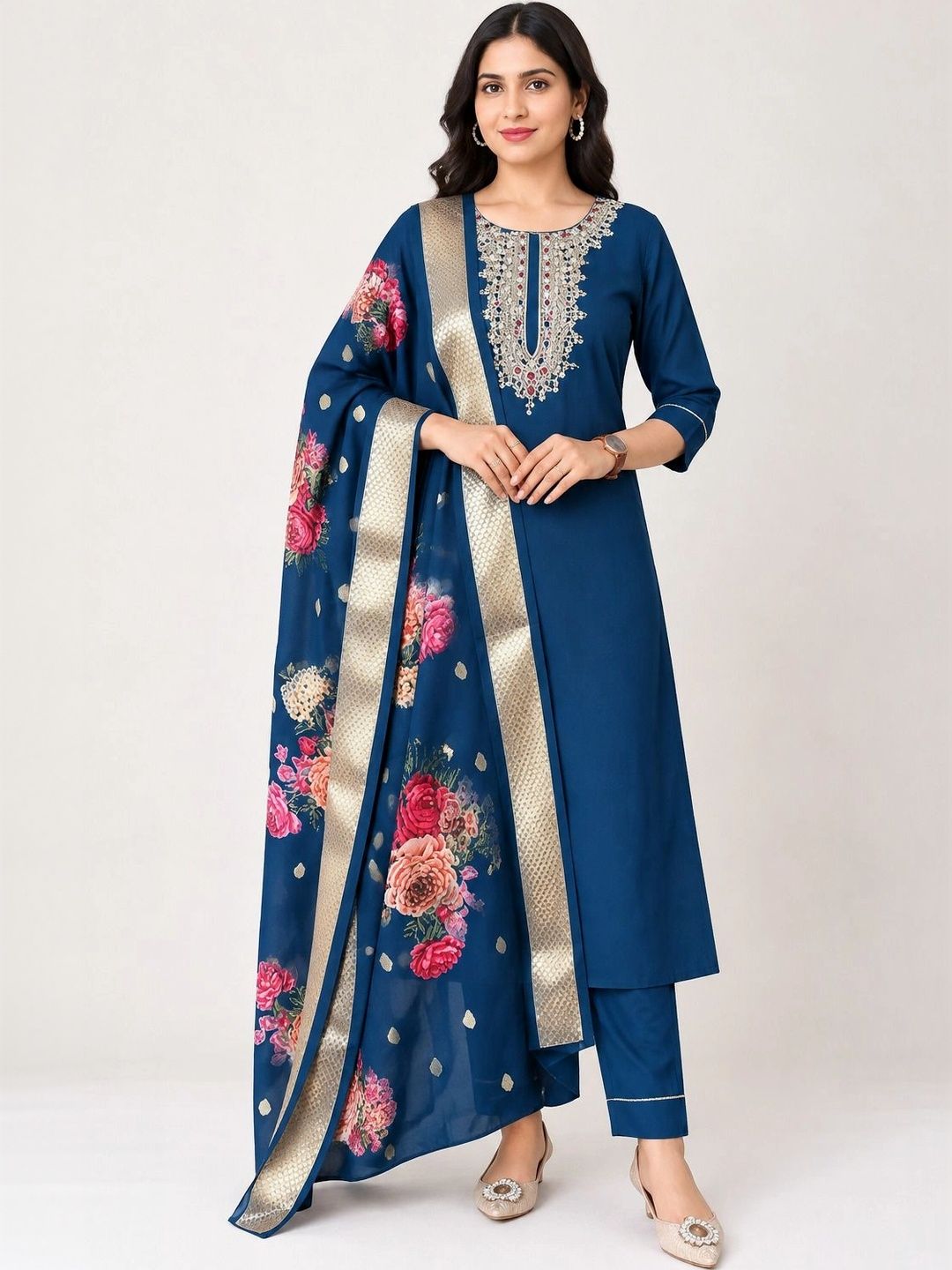 Anouk Rustic Women Floral Embroidered Regular Thread Work Kurta with Trousers & With Dupatta Myntra sale
