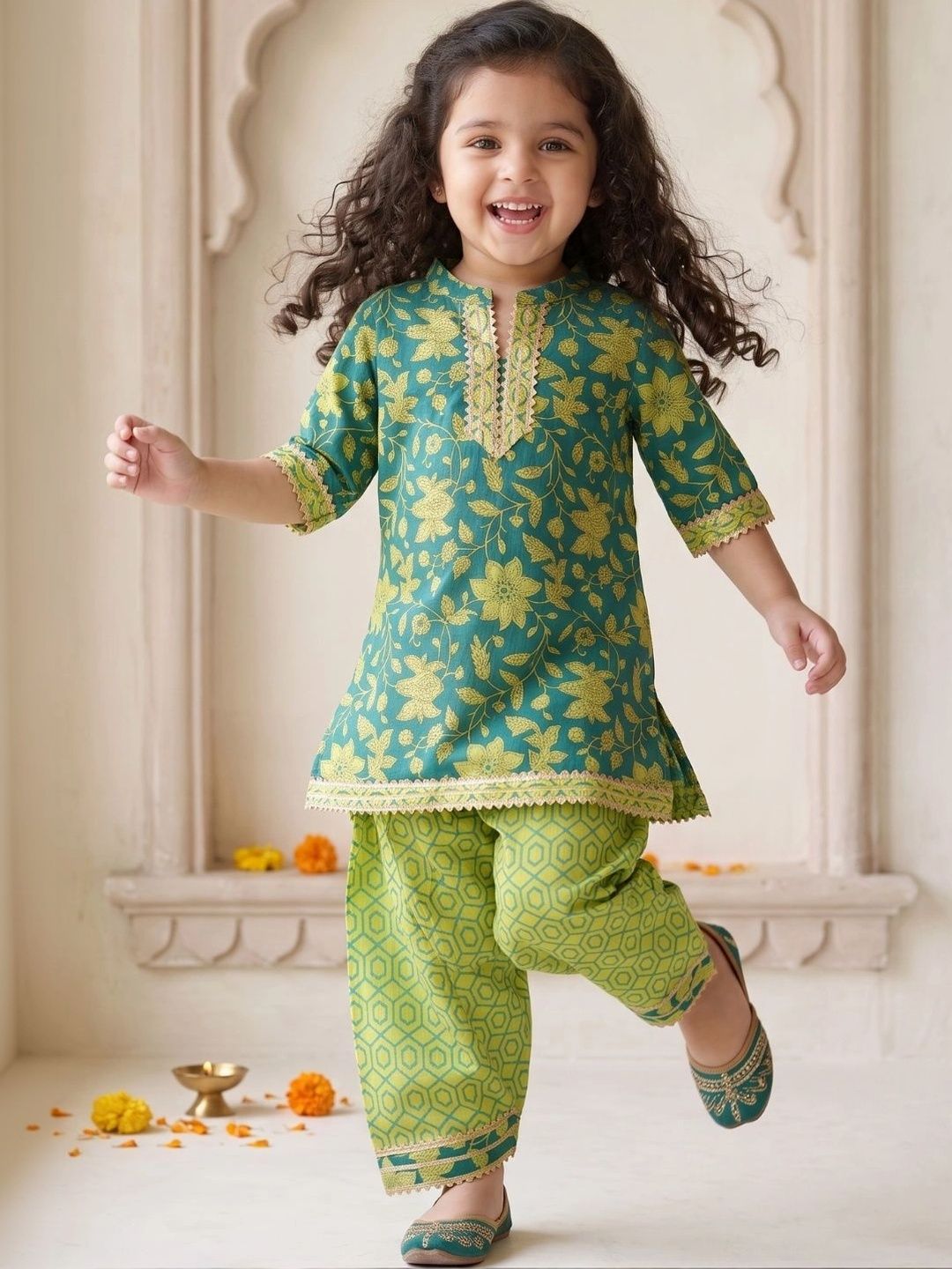 Aj DEZInES Girls Floral Printed Regular Gotta Patti Pure Cotton Kurta with Patiala Myntra sale