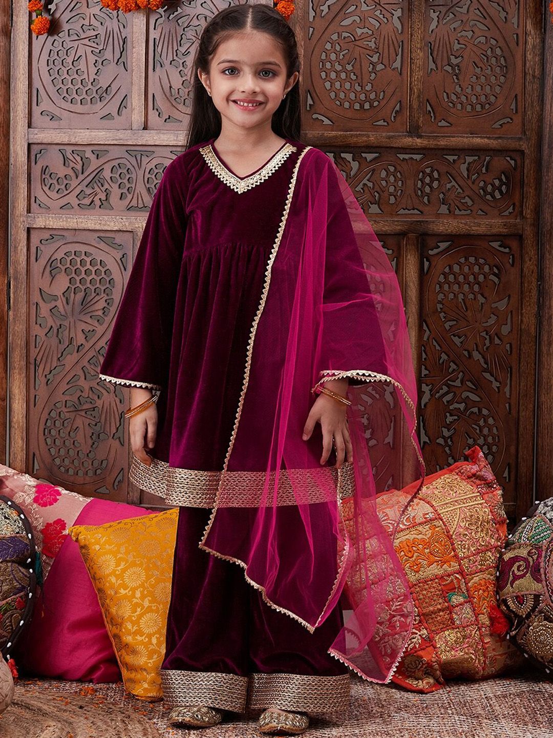 pspeaches Pspeaches Girls Wine Velvet Kurta Pant Dupatta Set Myntra sale