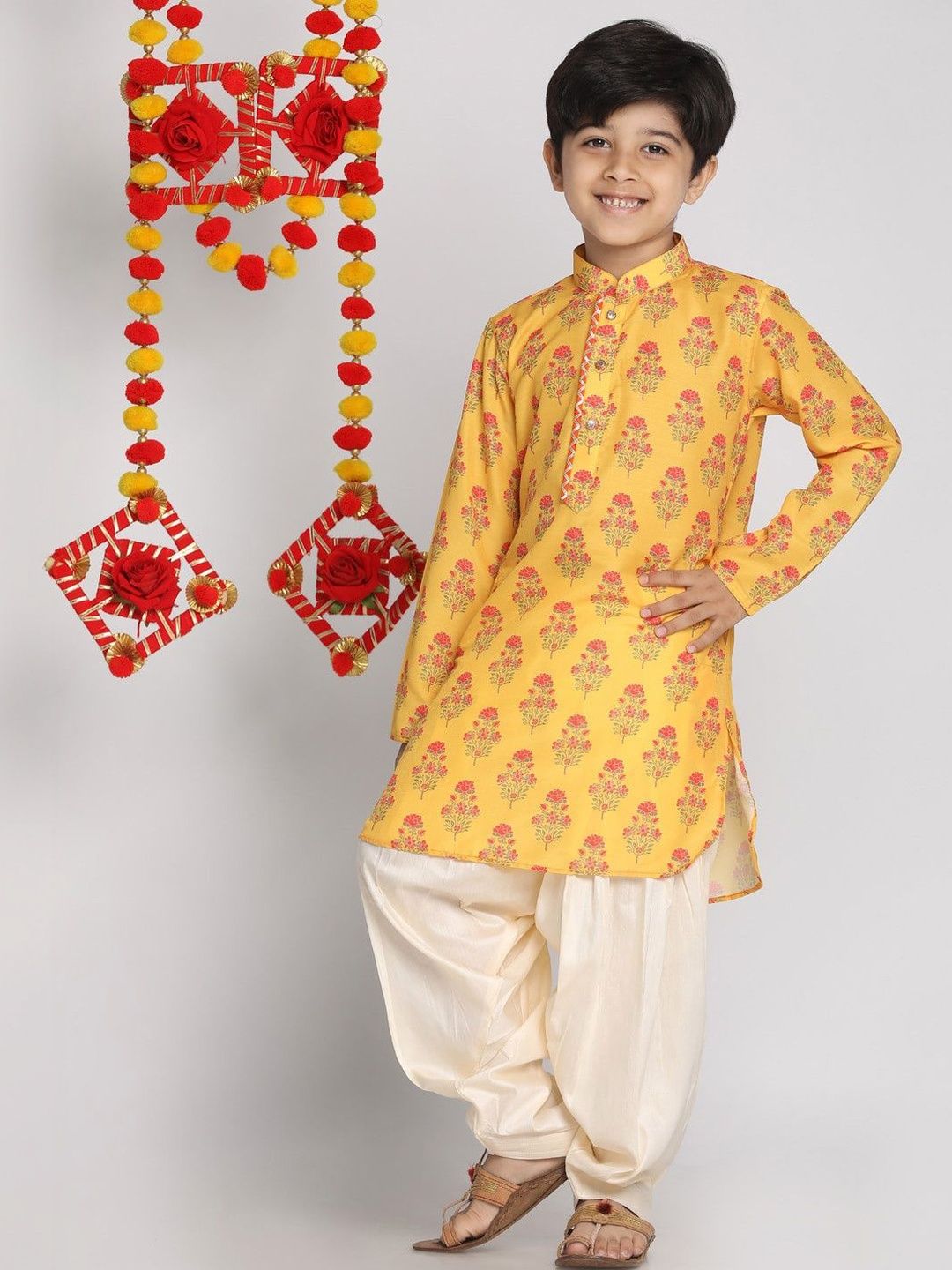 VASTRAMAY Boys Mustard & Cream Ajrak Kurta & Patiyala Set Myntra sale