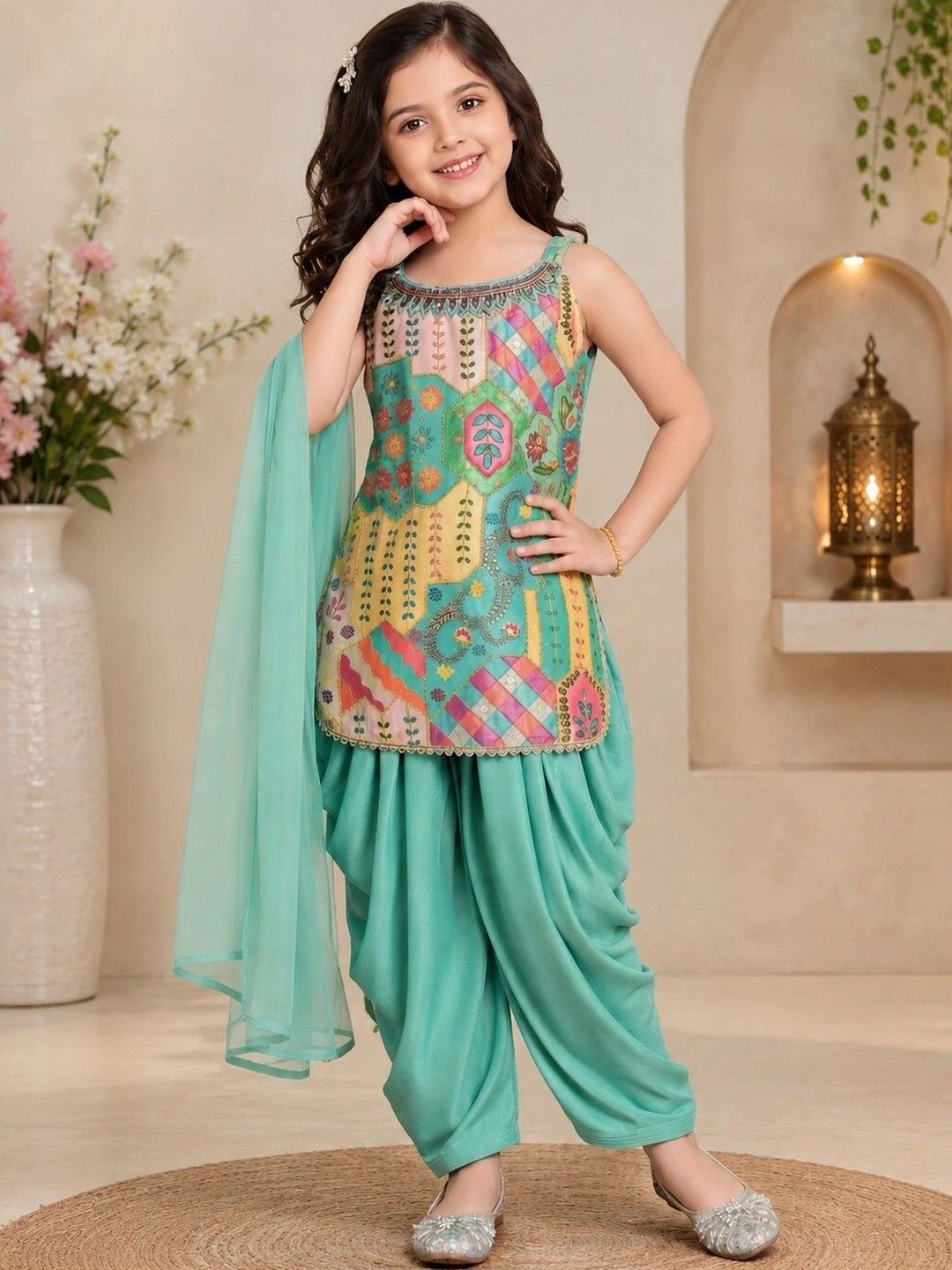 SUNCITY FASHION MART Girls Ethnic Motifs Printed Regular Pure Cotton Kurta with Patiala & Wi Myntra sale