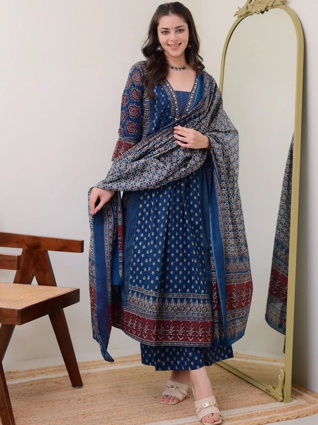 KALINI Floral Printed V Neck Anarkali Kurta With Trousers & Dupatta Myntra sale