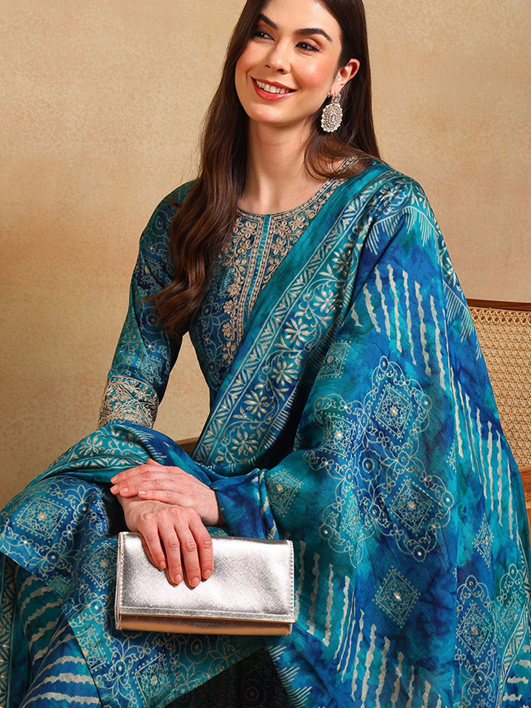 KALINI Ethnic Motifs Printed Thread Work Straight Kurta With Trouser & Dupatta Myntra sale