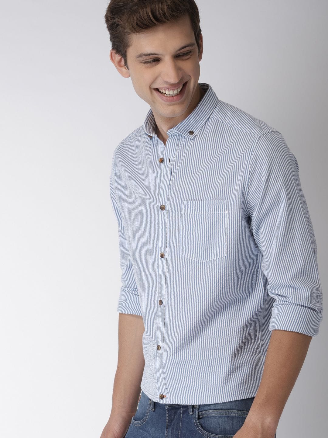Mast & Harbour Men Blue & White Slim Fit Striped Casual Shirt Myntra sale
