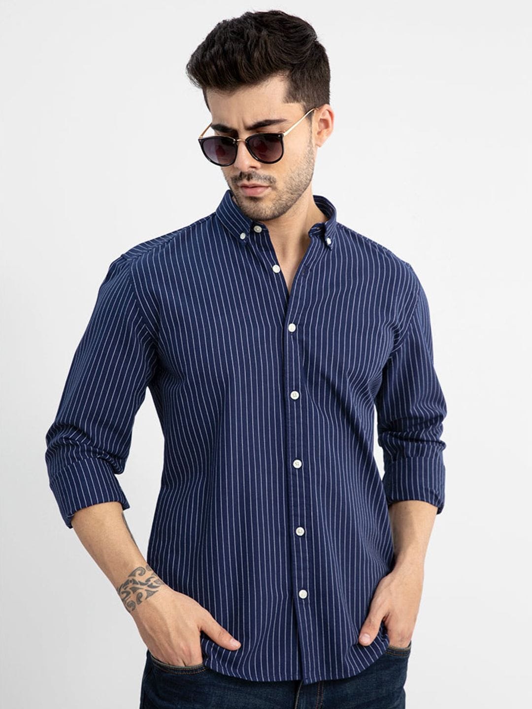 Snitch Navy Blue Striped Classic Slim Fit Pure Cotton Casual Shirt Myntra sale