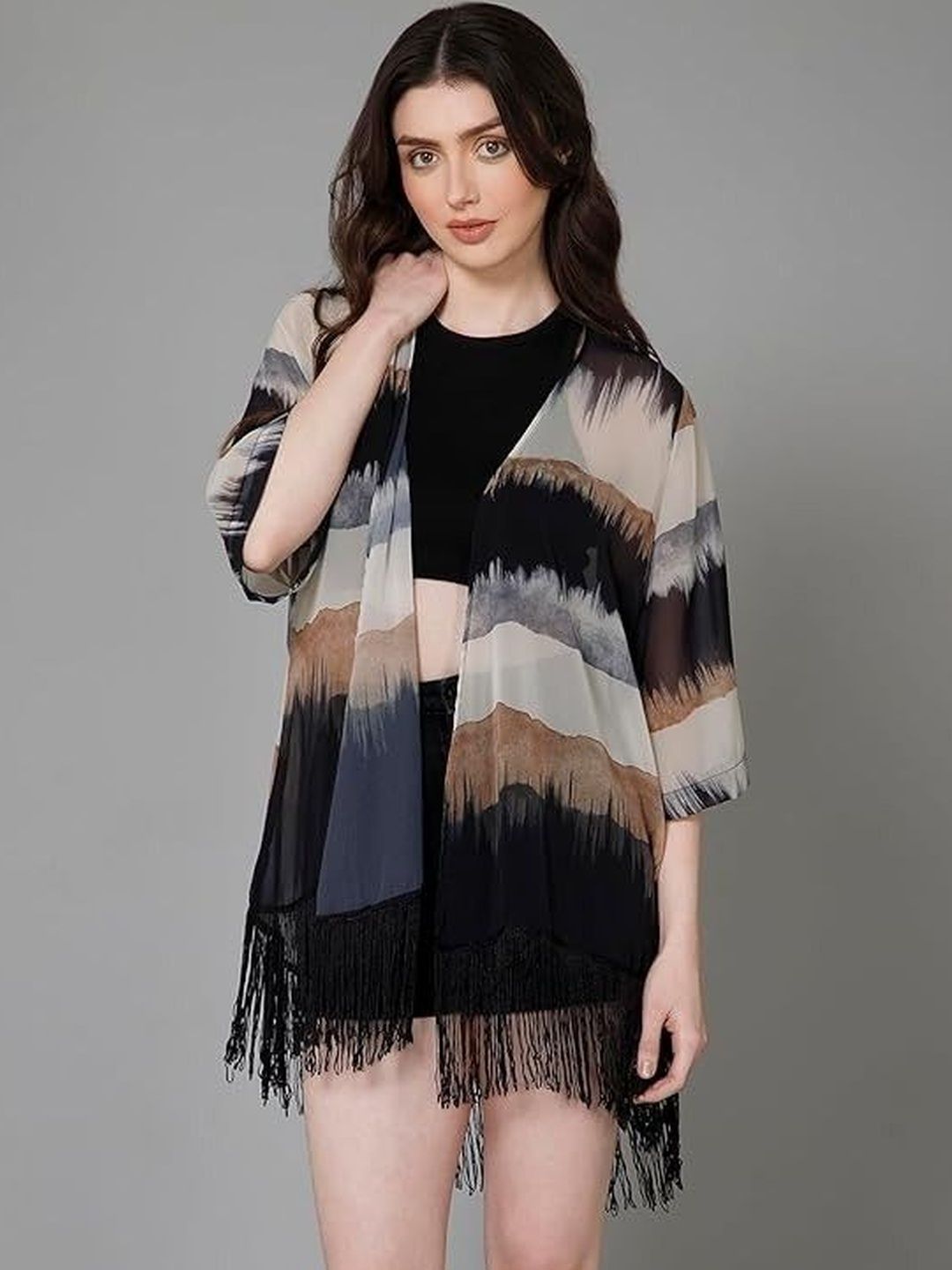 Lunice Lunice Women Printed Tasselled Shrug Myntra sale