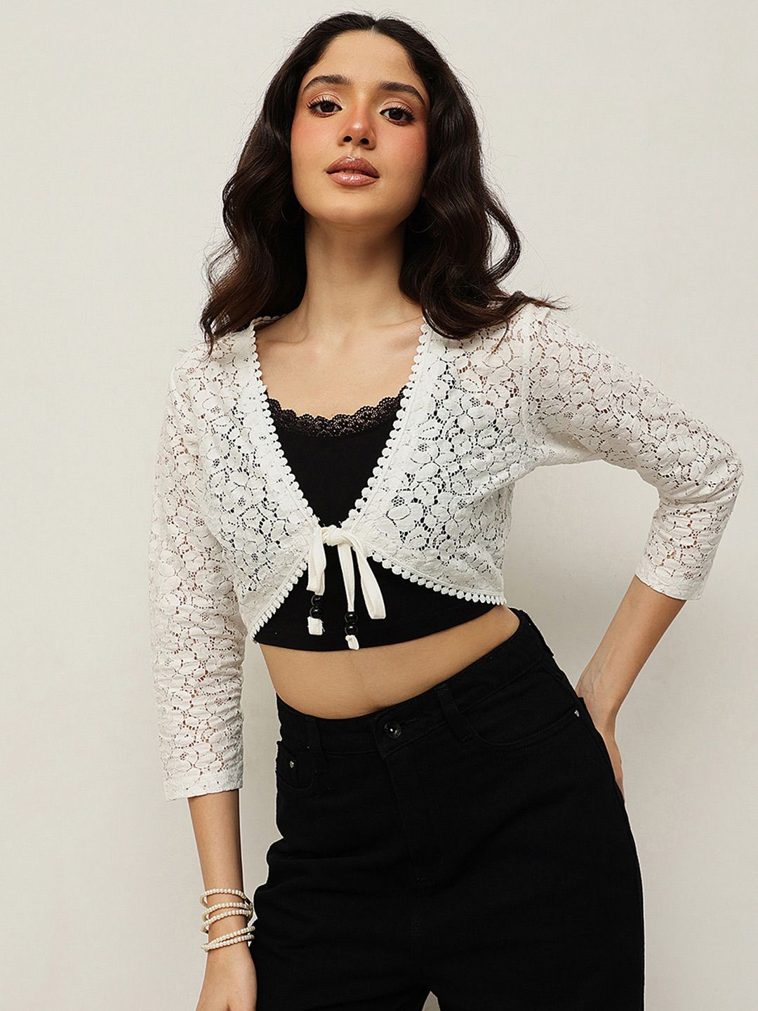 Espresso Espresso Women Off White Crop Tie-Up Shrug Myntra sale