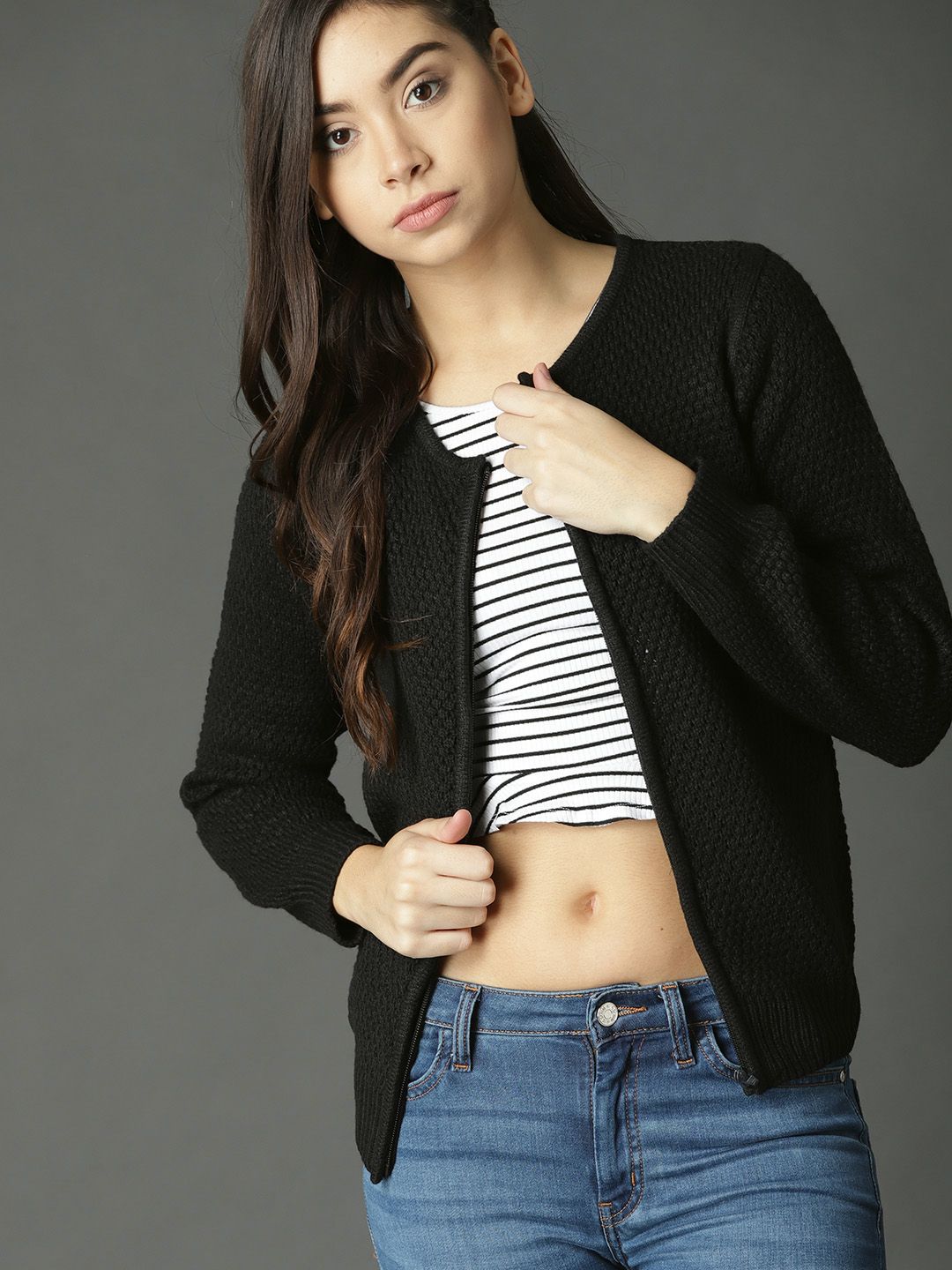 Roadster Women Black Self Design Cardigan Myntra sale