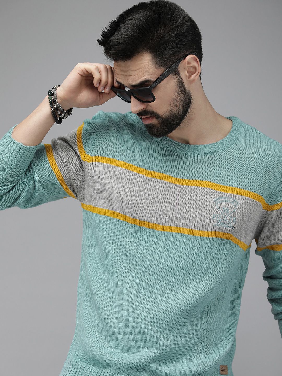 Roadster Men Blue & Grey Colourblocked Acrylic Pullover with Brand Logo Embroidered Detail Myntra sale