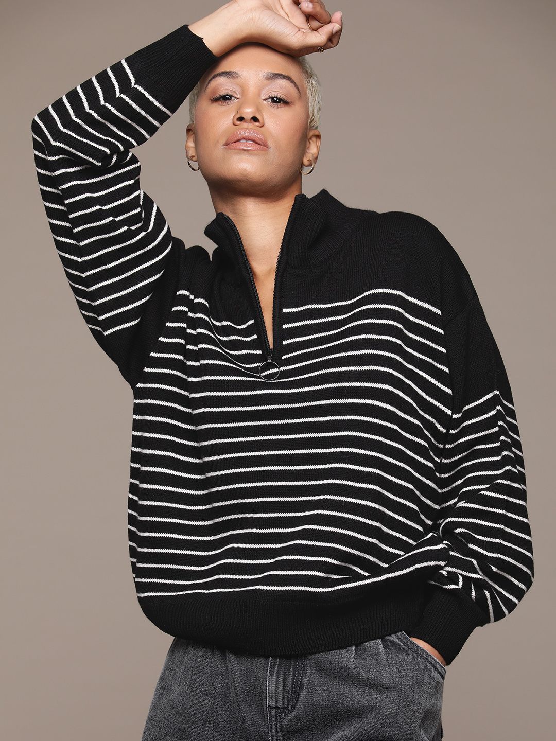 Roadster The Roadster Lifestyle Co. Mock Collar Drop-Full Sleeves Striped Pullover Myntra sale