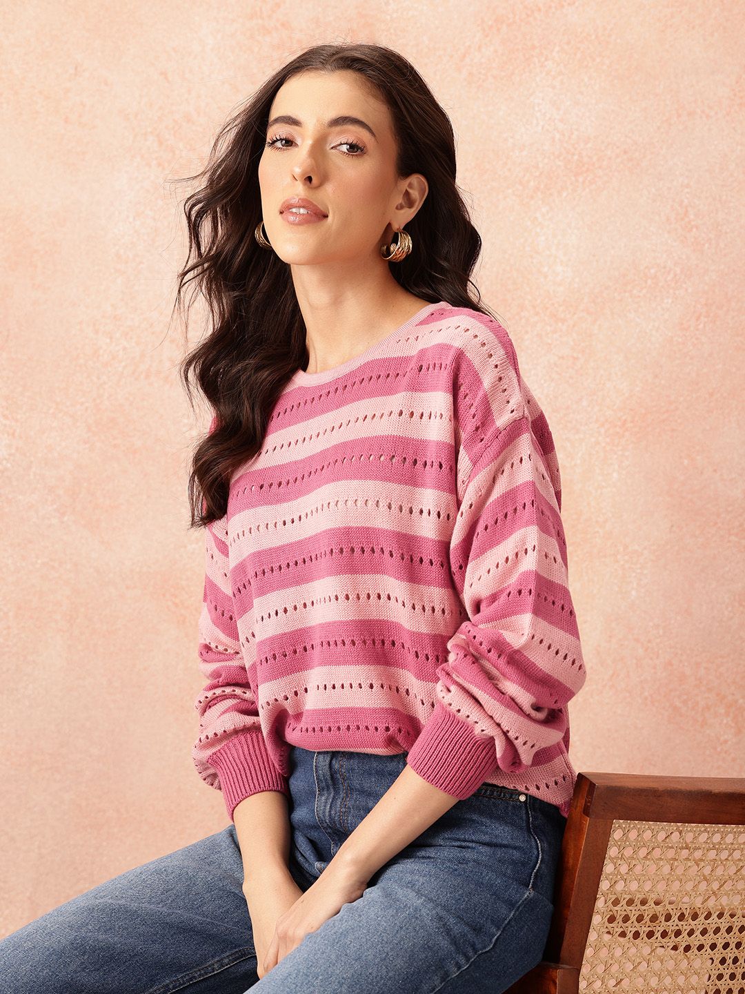 all about you Women Open Weave Striped Acrylic Pullover Myntra sale