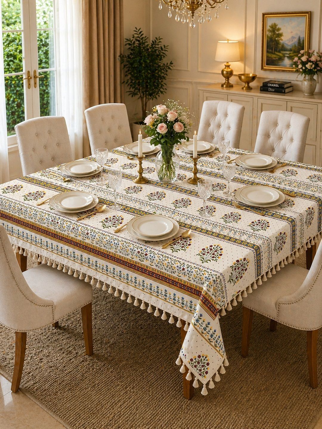 RRC Cream-Coloured Floral 6-Seater Table Cover pack of 1 with Lace Myntra sale