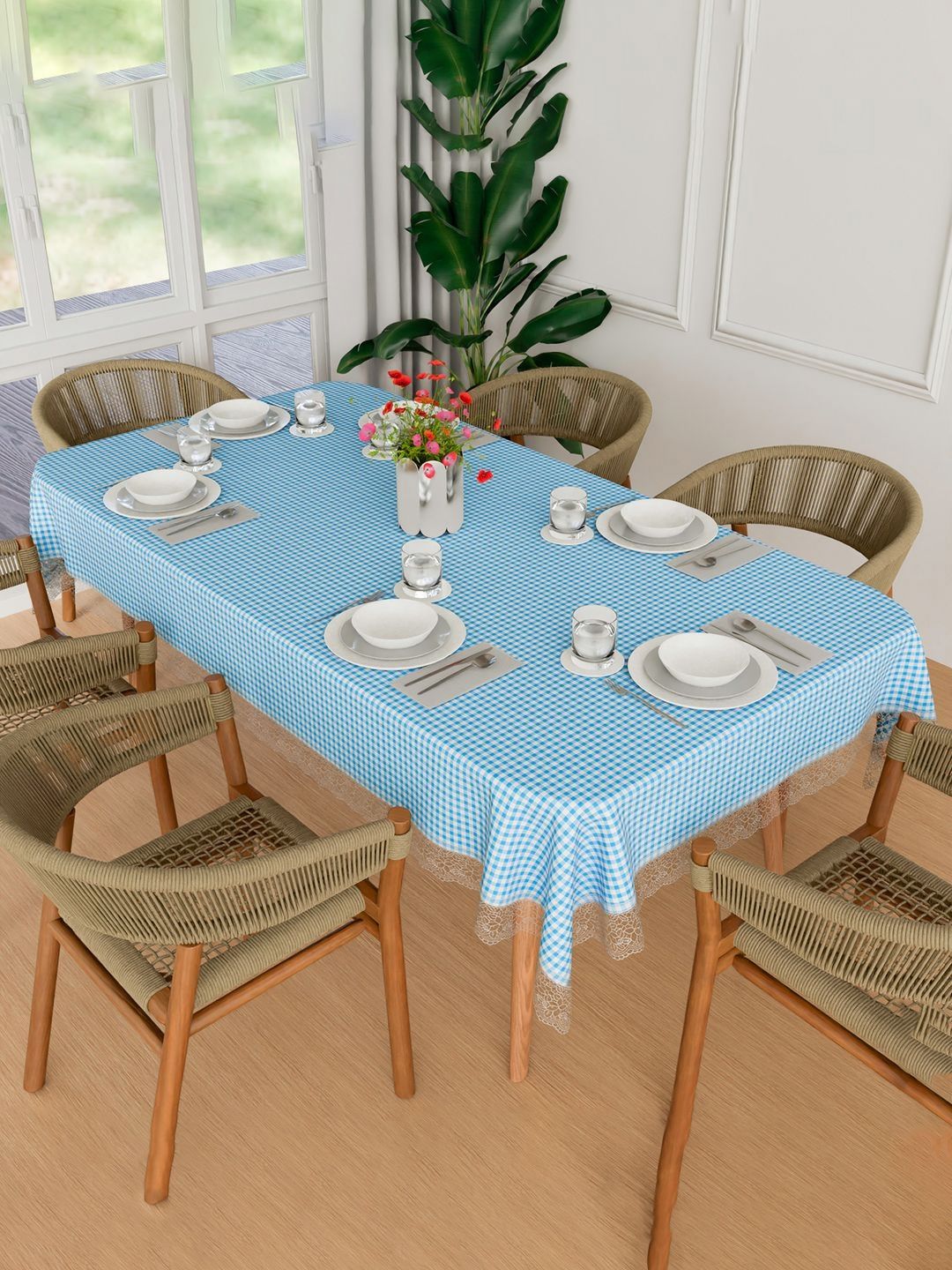 Kuber Industries Blue & White Checked Rectangle Waterproof 6-Seater Table Cover Myntra sale