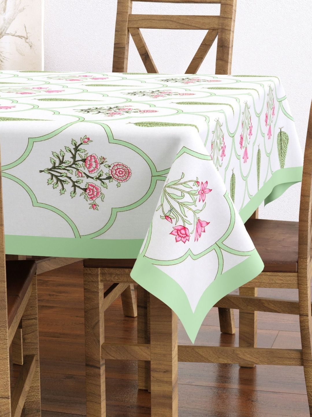 Texstylers White & Green Floral Printed Anti-Slip Cotton 6-Seater Table Cover Myntra sale