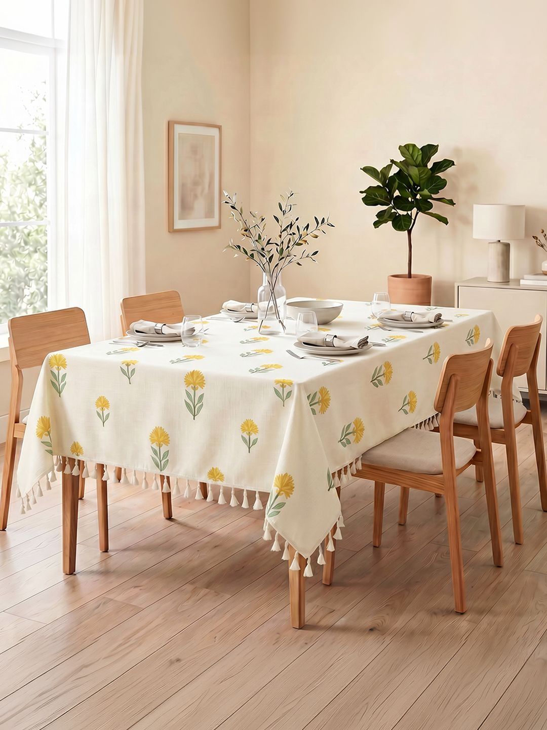 URBAN SPACE Off White Floral Anti-Skid Cotton 4-Seater Table Cover with Textured details Myntra sale