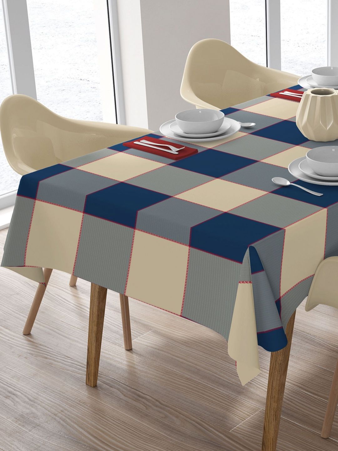HOME COLORS.IN Beige & Blue Checked Cotton 6 Seater Table Cover Myntra sale