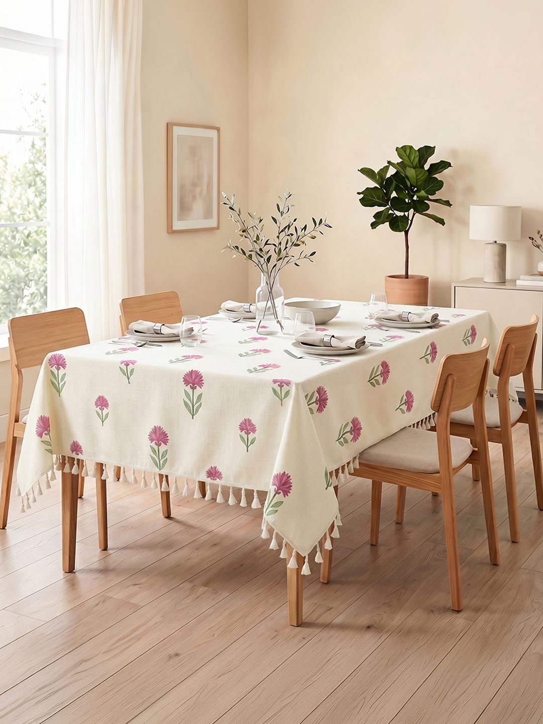 URBAN SPACE Off White Floral Anti-Skid Cotton 6-Seater Table Cover with Textured details Myntra sale
