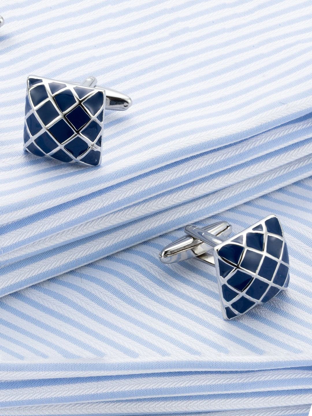 Yellow Chimes Navy Blue & Silver-Toned Square Cufflinks Myntra sale