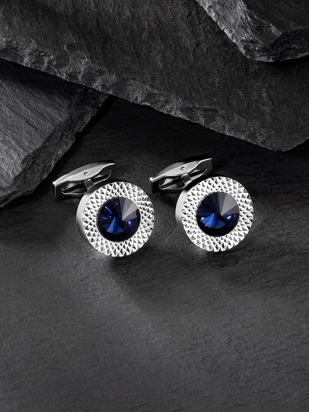 Peora Men Blue & Silver-Plated Crystal Cufflinks Myntra sale
