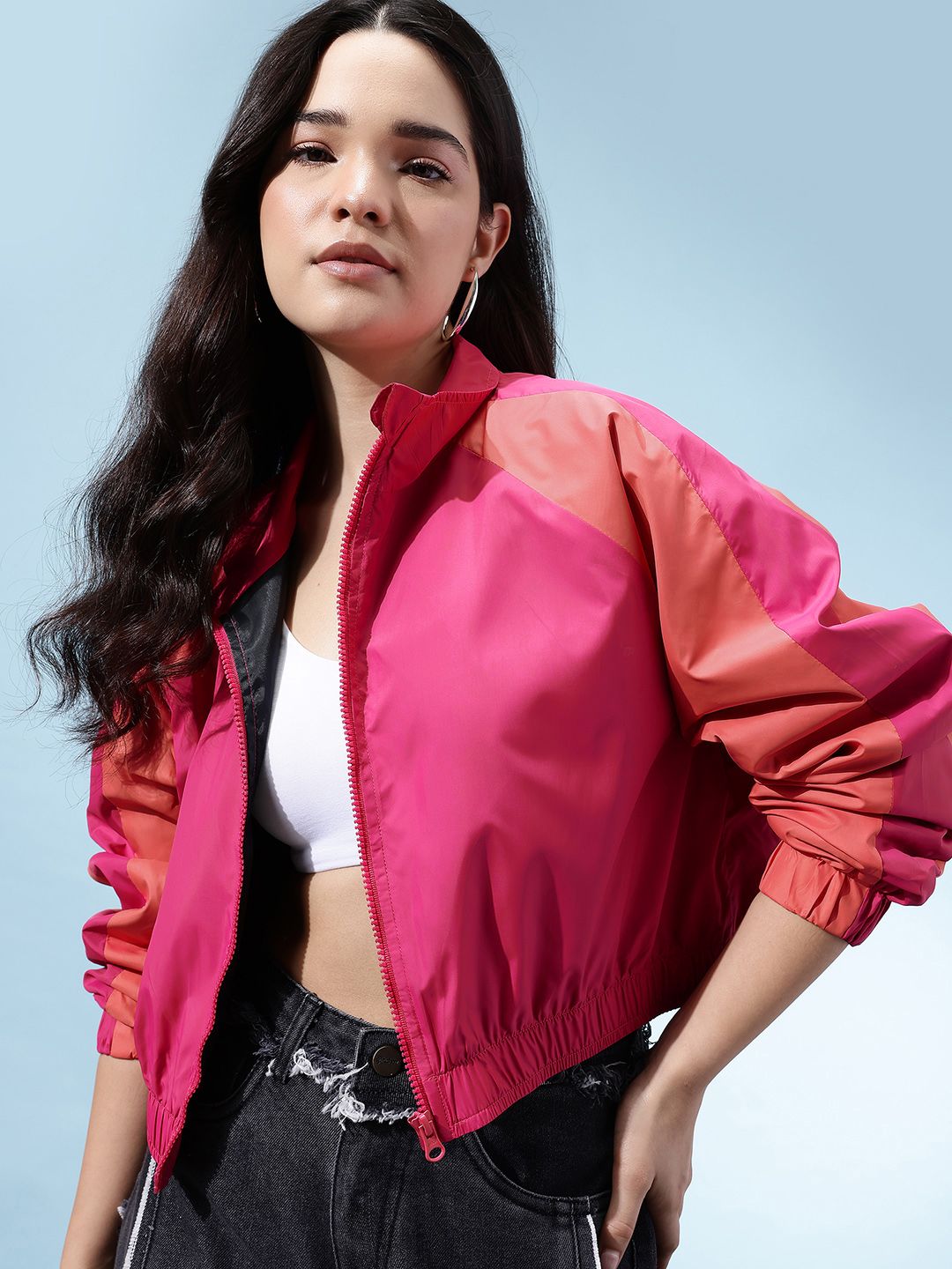glitchez Mock Collar Windcheater Crop Bomber Jacket Myntra sale
