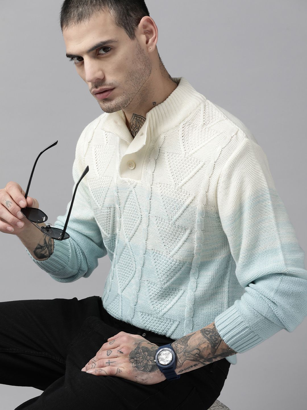 Roadster The Roadster Lifestyle Co. Men Blue & Cream-Coloured Cable Knit Pullover Myntra sale